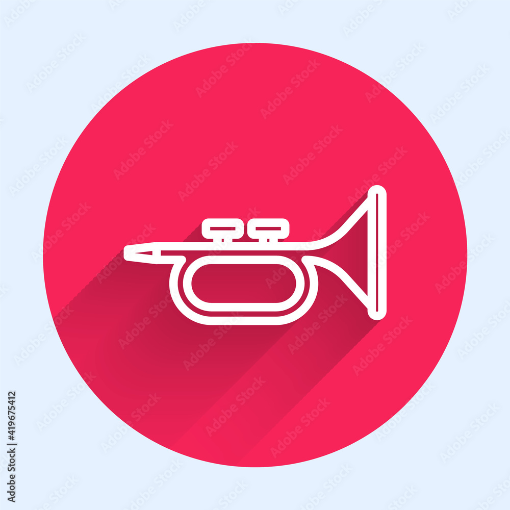 White line Musical instrument trumpet icon isolated with long shadow. Red circle button. Vector.