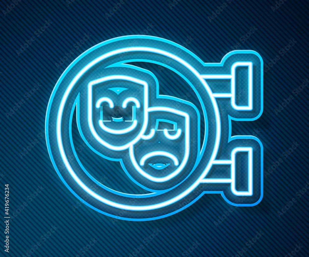 Glowing neon line Comedy and tragedy theatrical masks icon isolated on blue background. Vector.