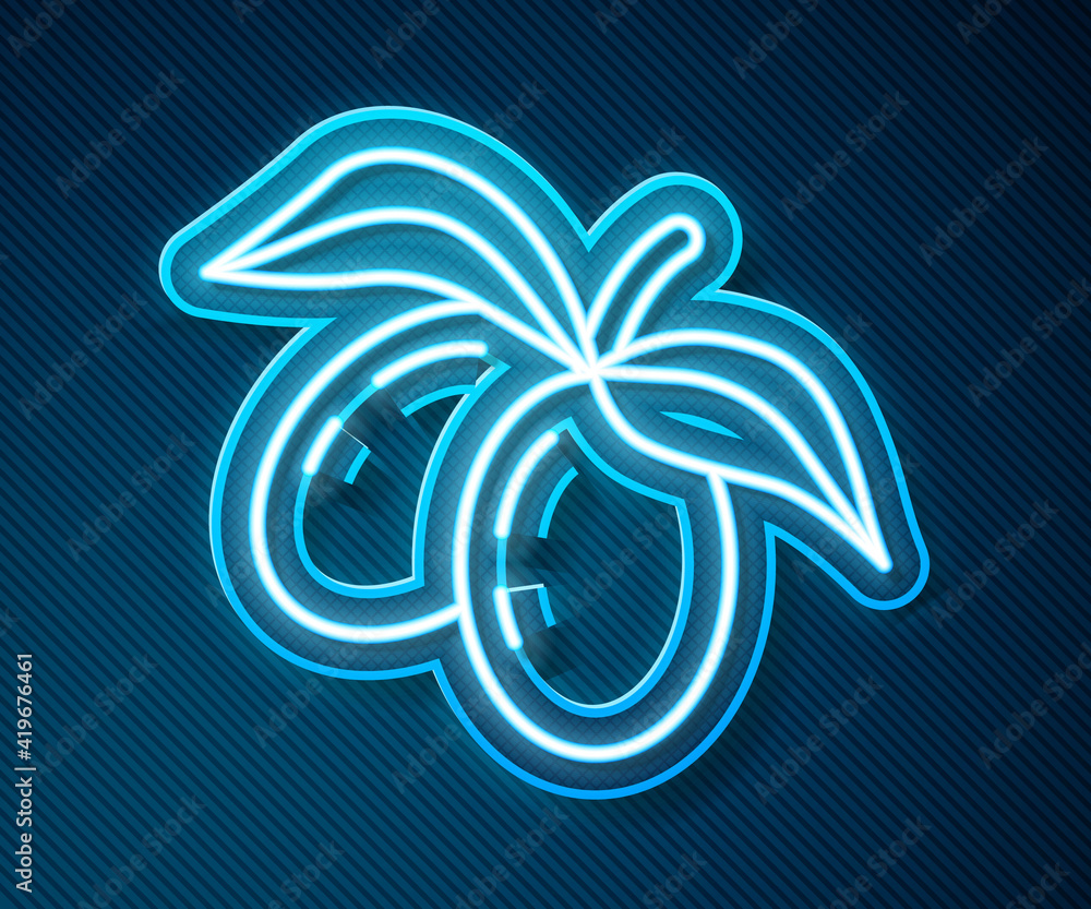 Glowing neon line Olives branch icon isolated on blue background. Vector.