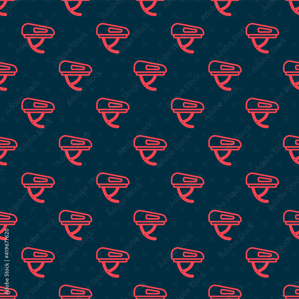 Red line Bicycle helmet icon isolated seamless pattern on black background. Extreme sport. Sport equ