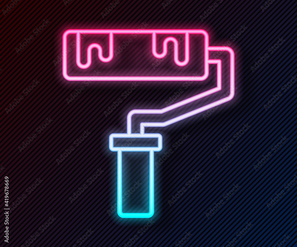 Glowing neon line Paint roller brush icon isolated on black background. Vector.