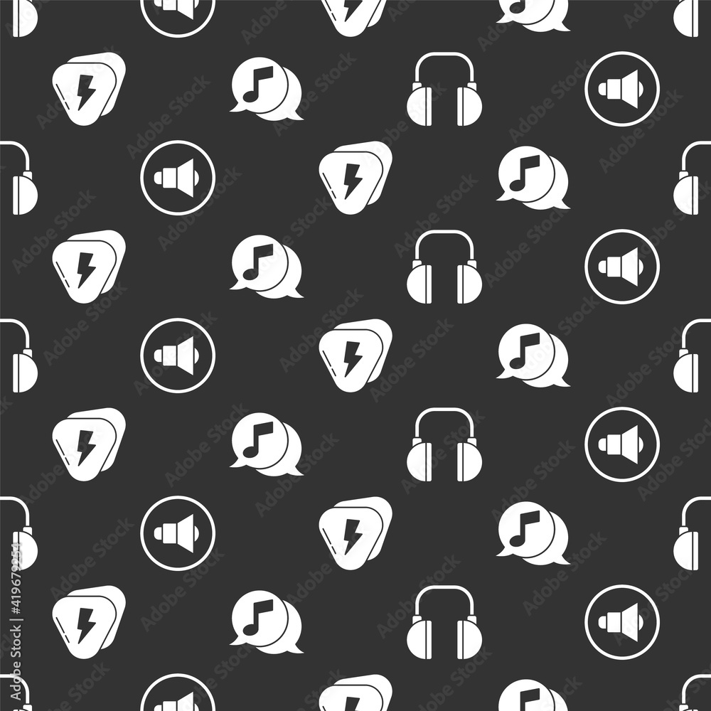 Set Headphones, Speaker volume, Guitar pick and Musical note in speech bubble on seamless pattern. V