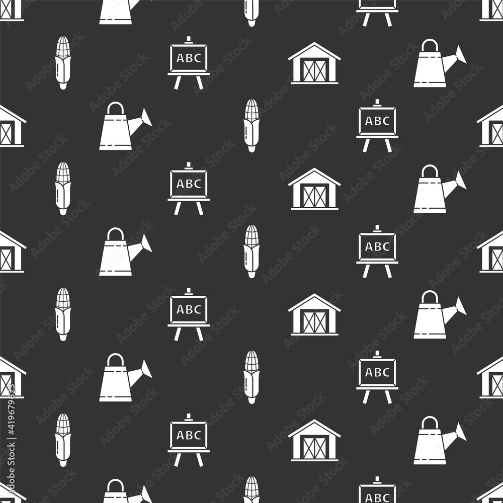 Set Farm house, Watering can, Corn and Chalkboard on seamless pattern. Vector.