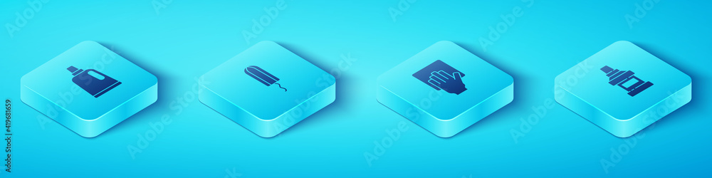 Set Isometric Bottle for cleaning agent, Sanitary tampon, Mouthwash bottle and Cleaning service icon