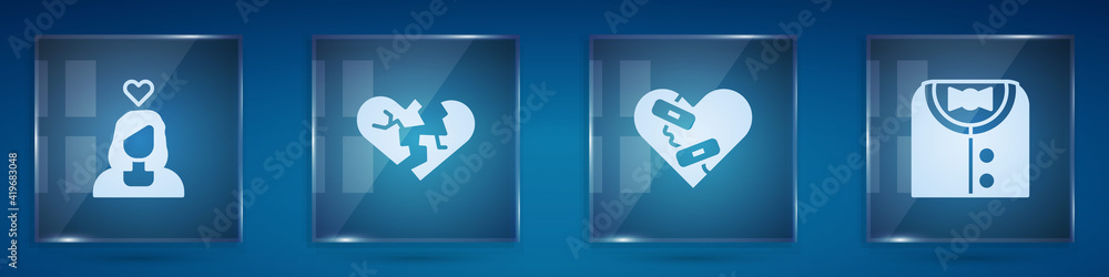 Set Couple in love, Broken heart or divorce, Healed broken and Suit. Square glass panels. Vector.