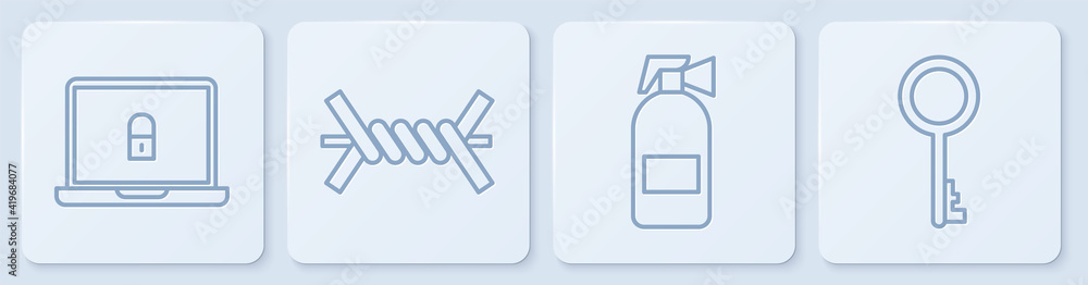 设置线笔记本电脑和锁、灭火器、铁丝网和旧钥匙。白色方形按钮。矢量。
