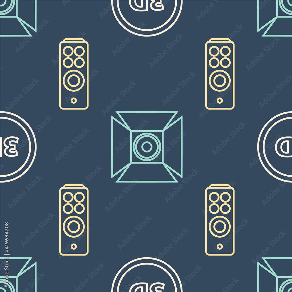 Set line 3D word, Remote control and Movie spotlight on seamless pattern. Vector.