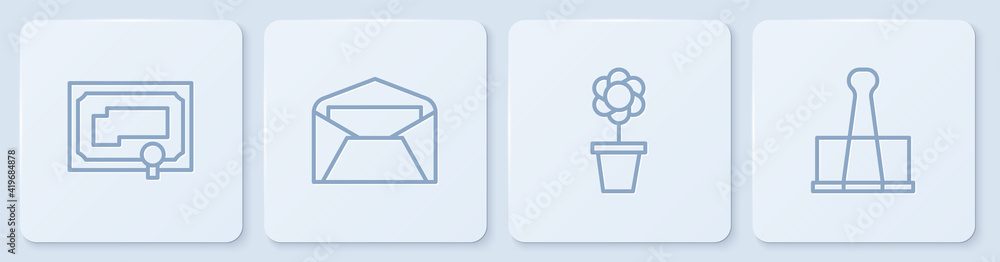 Set line Certificate template, Flower in pot, Envelope and Binder clip. White square button. Vector.