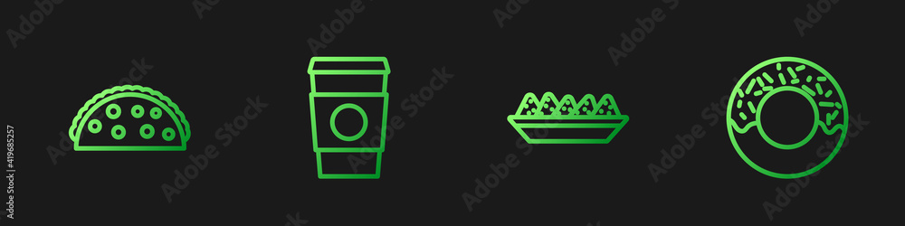 Set line Nachos in plate, Taco with tortilla, Coffee cup go and Donut. Gradient color icons. Vector.