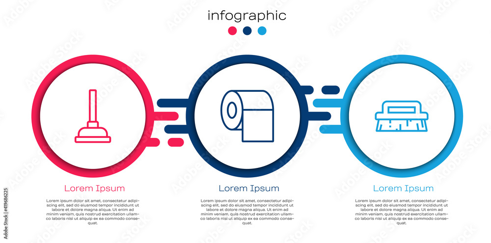 设置线橡胶柱塞、卫生纸卷和清洁刷。商业信息图模板。Ve