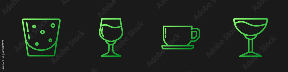 Set line Coffee cup, Glass rum, Wine glass and . Gradient color icons. Vector.