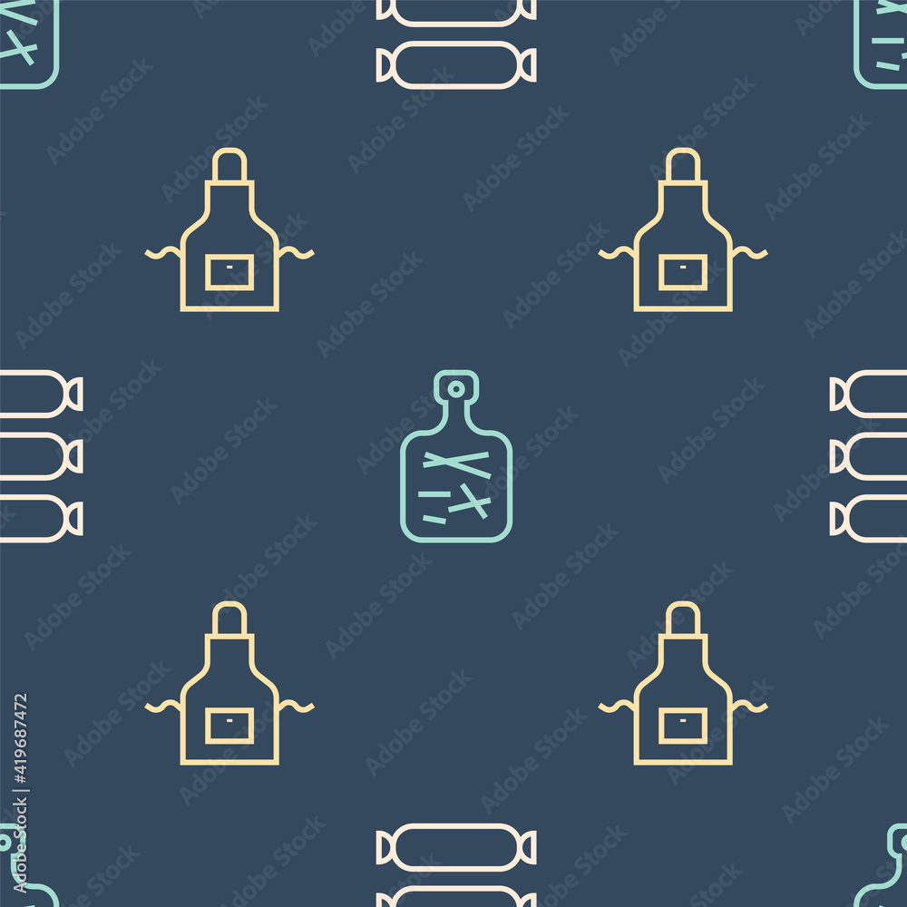 Set line Sausage, Kitchen apron and Cutting board on seamless pattern. Vector.