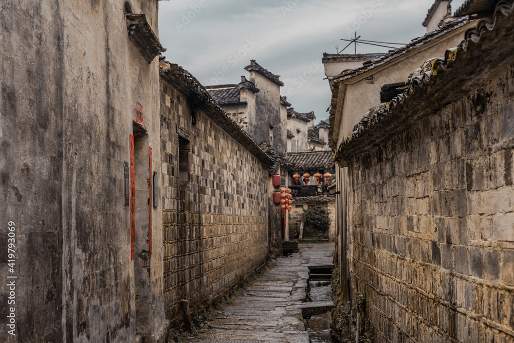 The narrow streets in Hongcun village, a historic Chinese village in Anhui province, China.