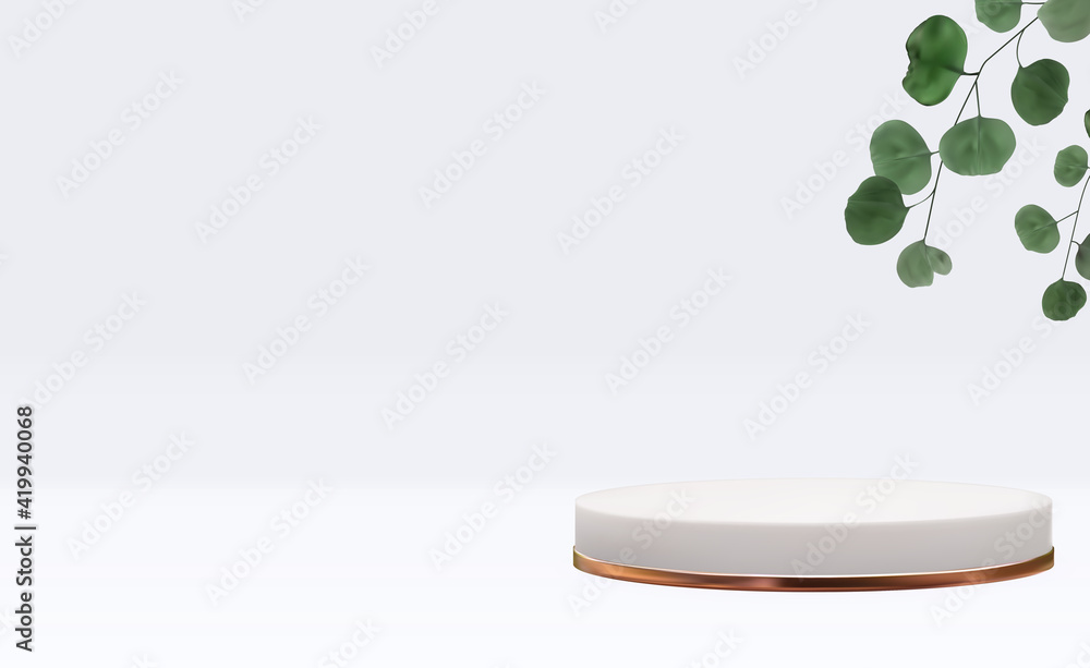 Realistic 3d  pedestal with eucalyptus leaves. Trendy empty podium display for ads cosmetic product 