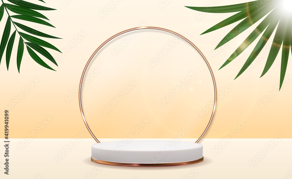 Realistic 3d  pedestal over sunny background with palm leaf. Trendy empty podium display for ads cos