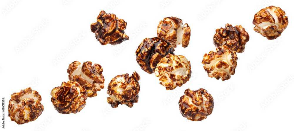 Falling chocolate popcorn isolated on white background