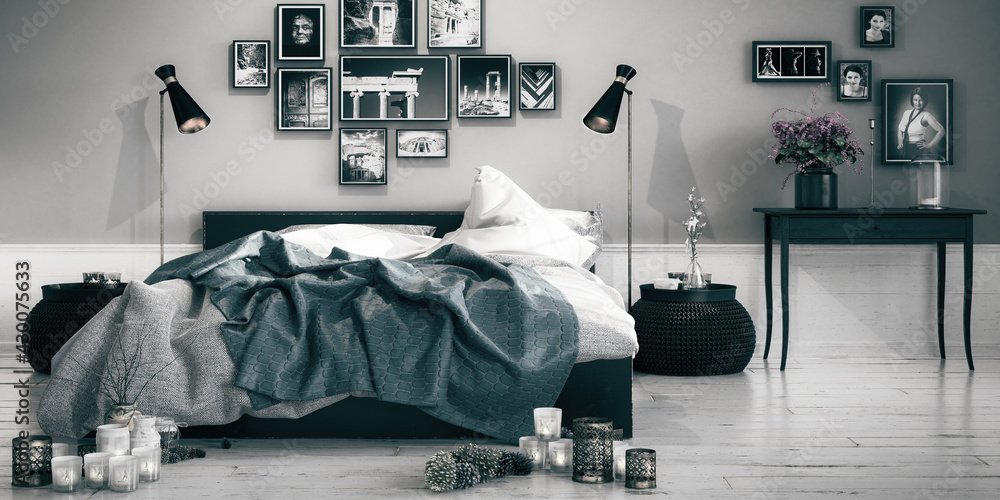 Modern Bedroom Arrangement - panoramic black and white 3D Visualization