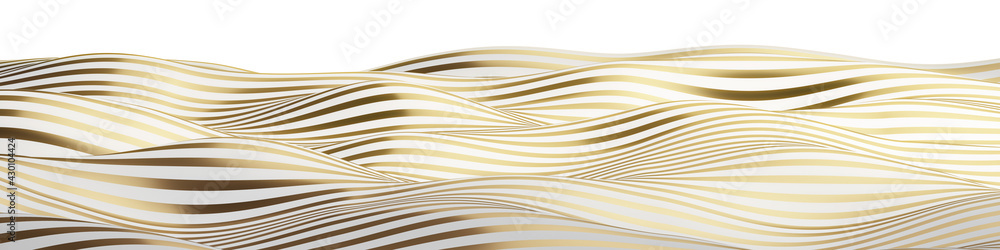 Golden stripes waves. Optical illusion waves. Stripes pattern background. 3d rendering