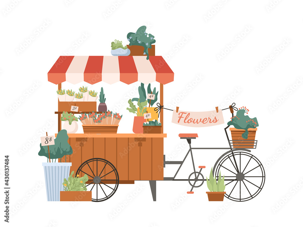 Mobile flower shop, delivery bouquets by bicycle isolated flat cartoon marketplace. Floristry kiosk,