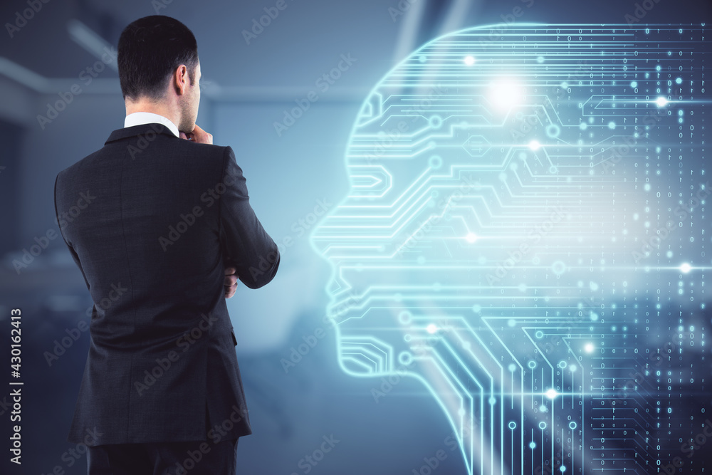 Artificial intellingence and machine learning concept with pensive businessman back looking at digit