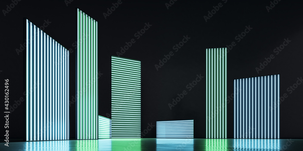 Green and blue neon light bars of different height in an empty dark space. Modern exhibition and ins