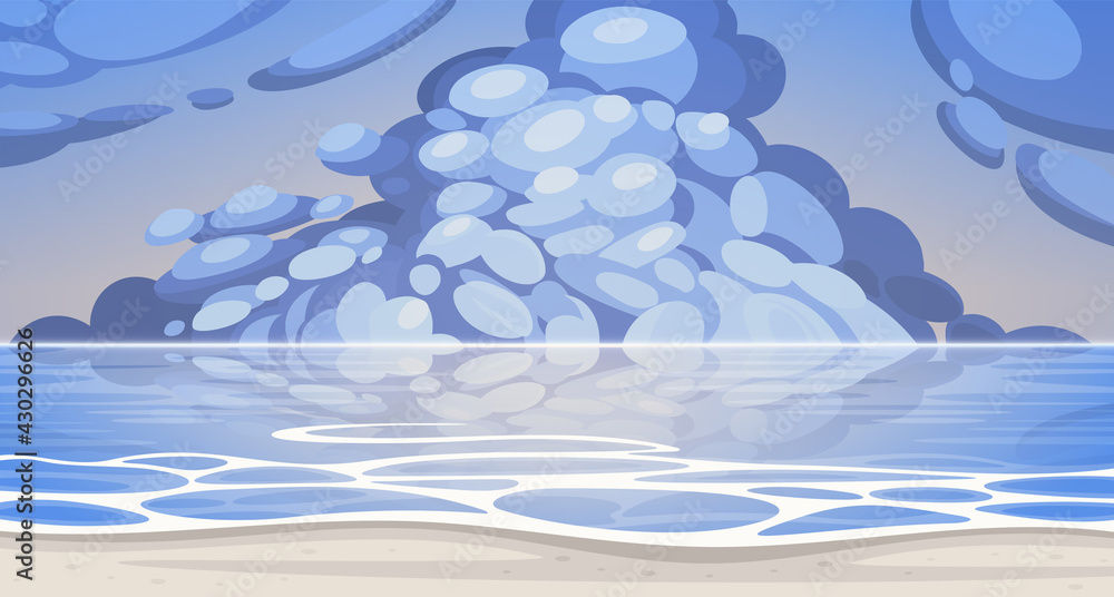 Blue sea background with beach and rain cumulus clouds in the sky. Vector illustration. 