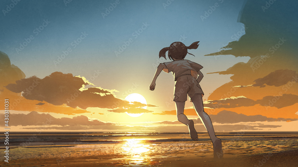 girl running barefoot to the beach at sunrise, digital art style, illustration painting