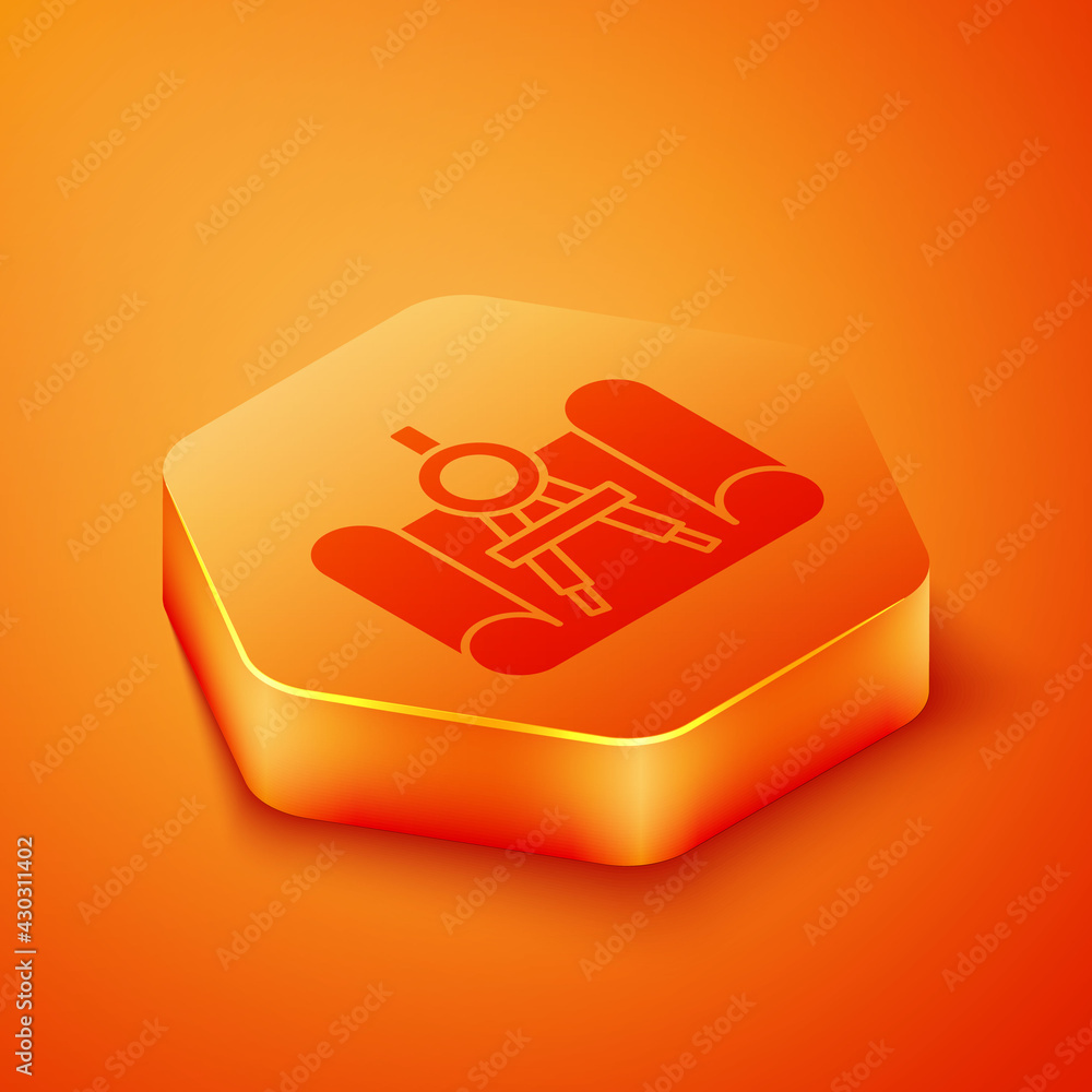 Isometric Graphing paper for engineering and drawing compass icon isolated on orange background. Ora