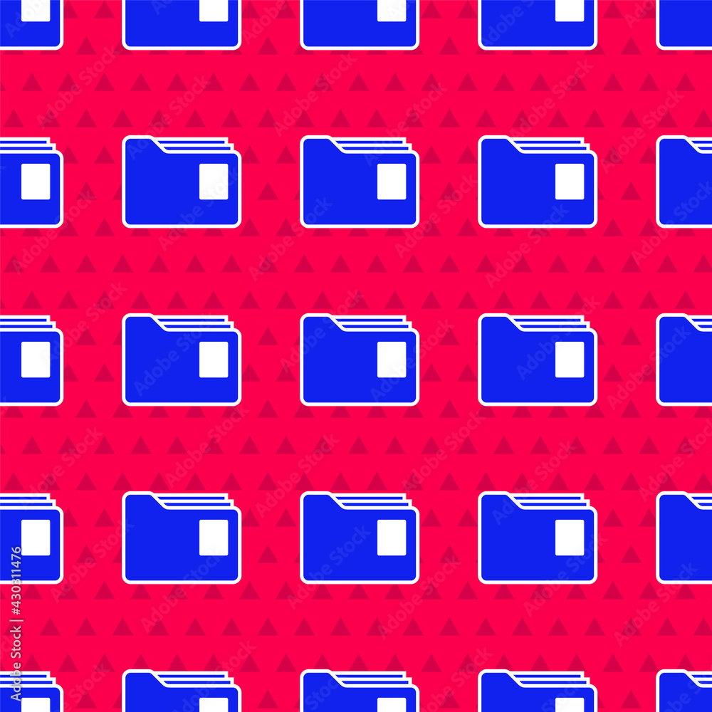 Blue Document folder icon isolated seamless pattern on red background. Accounting binder symbol. Boo