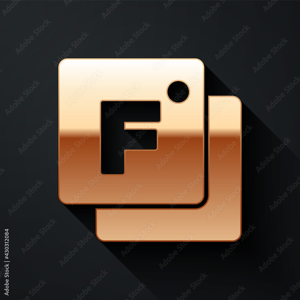 Gold Fahrenheit icon isolated on black background. Long shadow style. Vector