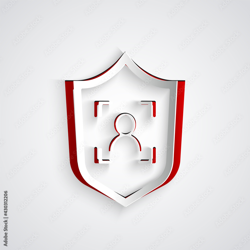 Paper cut Shield face recognition icon isolated on grey background. Face identification scanner icon