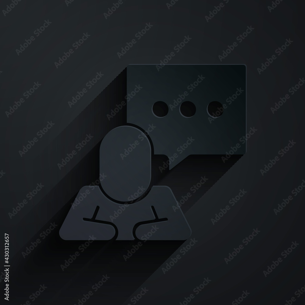 Paper cut Speech bubble chat icon isolated on black background. Message icon. Communication or comme