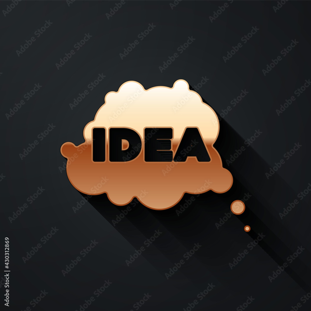 Gold Idea, speech bubble icon isolated on black background. Message speech bubble idea with cloud ta