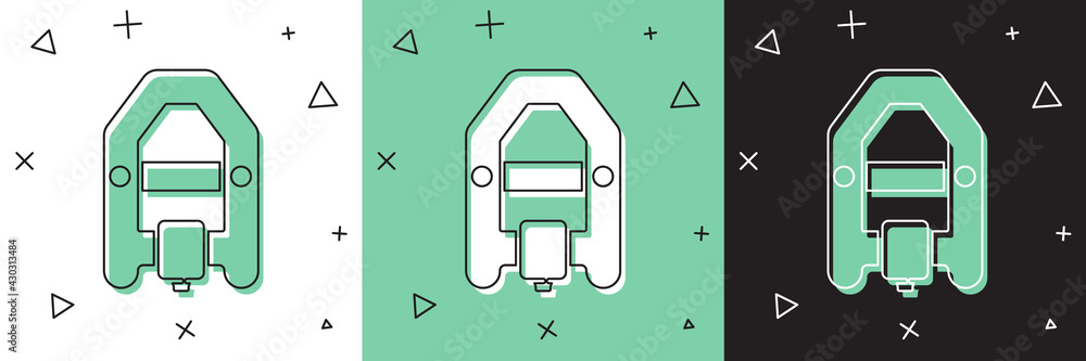 将漂流船图标隔离在白色、绿色、黑色背景上。带桨板的充气船。W