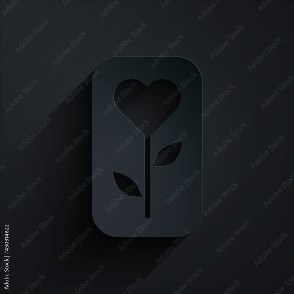 Paper cut Flower rose icon isolated on black background. Paper art style. Vector