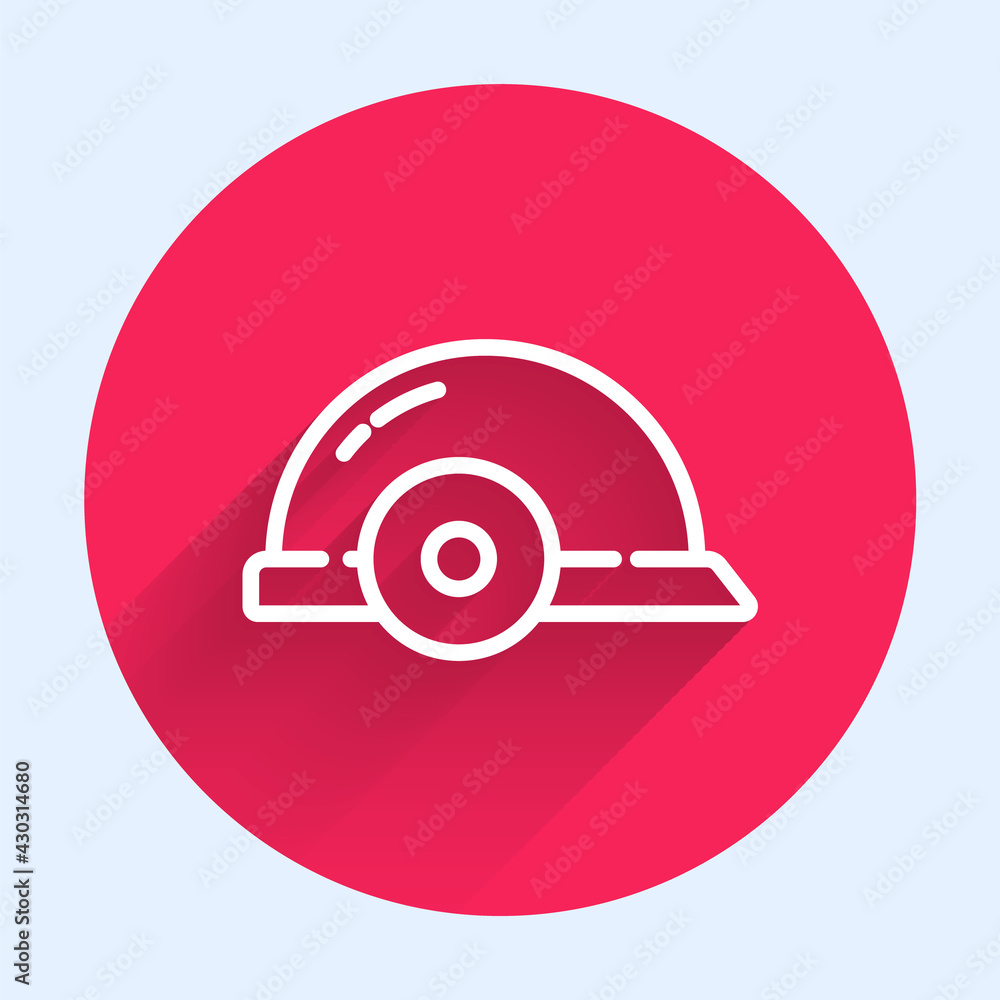 White line Worker safety helmet icon isolated with long shadow. Red circle button. Vector Illustrati