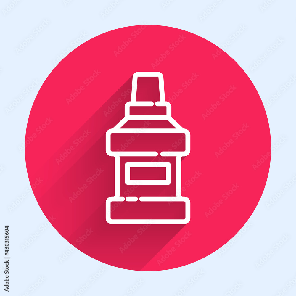 White line Mouthwash plastic bottle icon isolated with long shadow. Liquid for rinsing mouth. Oralca