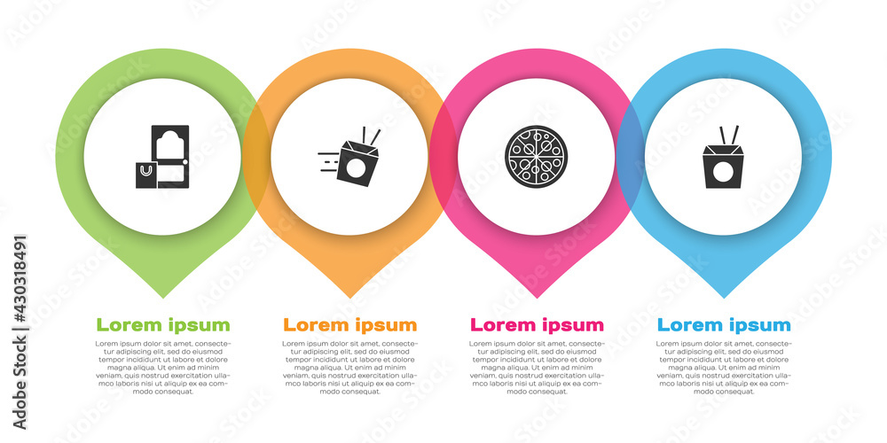 设置在线订购和配送、面条、披萨和亚洲筷子。商业信息图模板