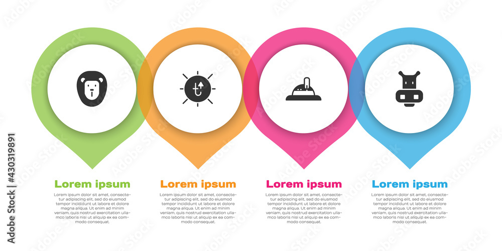 设置野生狮子、太阳、猎人帽和河马或河马。商业信息图模板。矢量