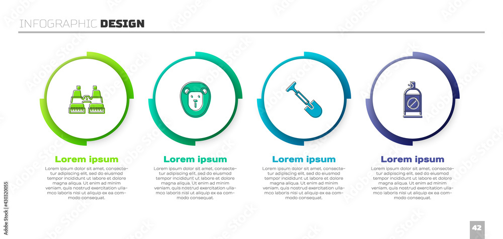 设置双筒望远镜、野生狮子、铲子和喷雾器以防昆虫。商业信息图模板。Vector