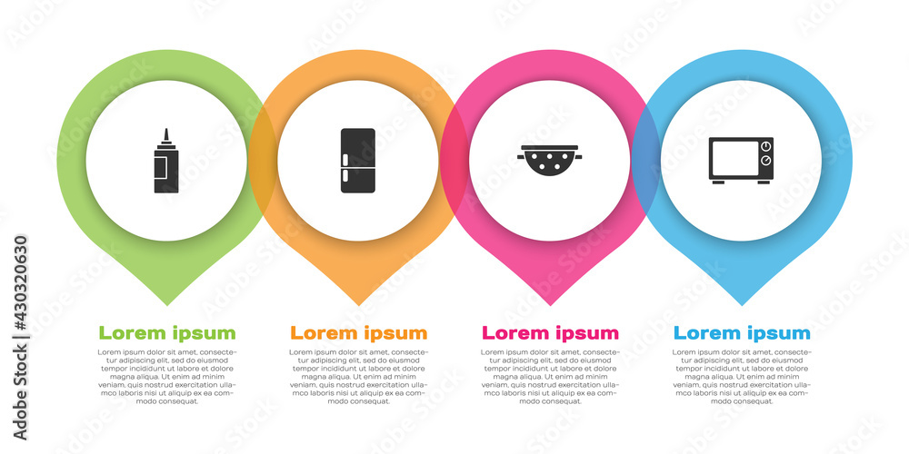 Set Sauce bottle, Refrigerator, Kitchen colander and Microwave oven. Business infographic template. 