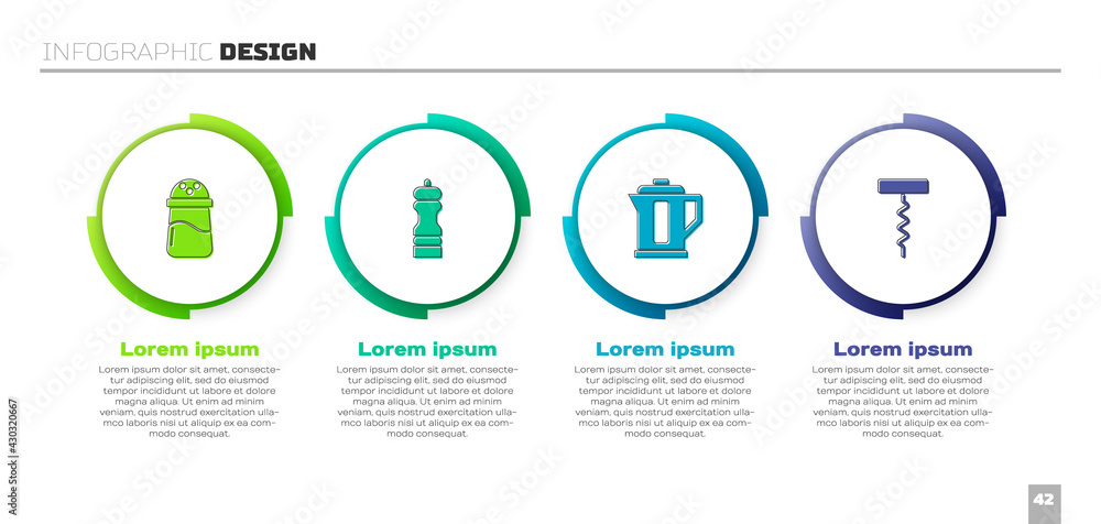设置盐、胡椒、电热水壶和葡萄酒开瓶器。商业信息图模板。矢量