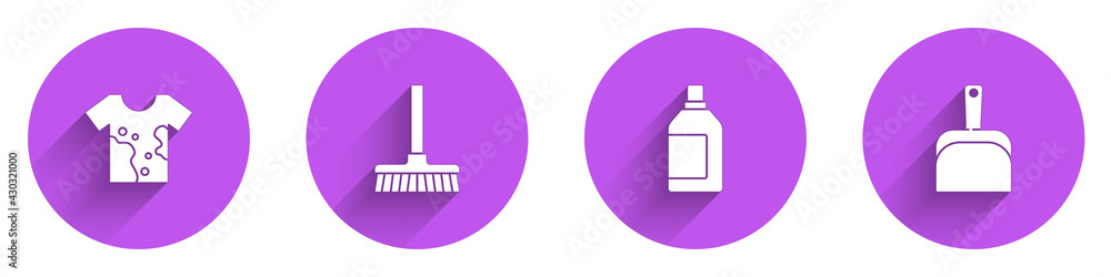 Set Dirty t-shirt, Handle broom, Bottle for cleaning agent and Dustpan icon with long shadow. Vector