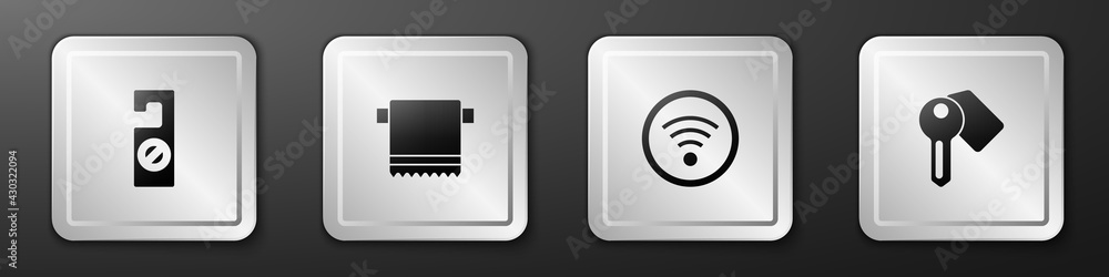 套装请不要打扰，毛巾挂在衣架上，无线网络和酒店门锁钥匙图标。银色squa