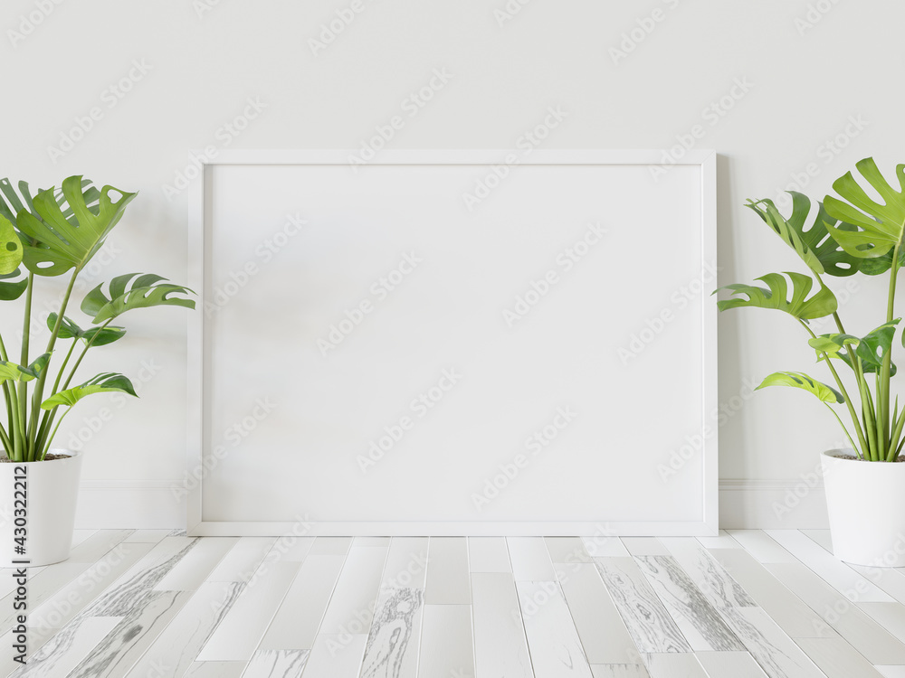 White frame leaning on floor in interior mockup. Template of a picture framed on a wall 3D rendering