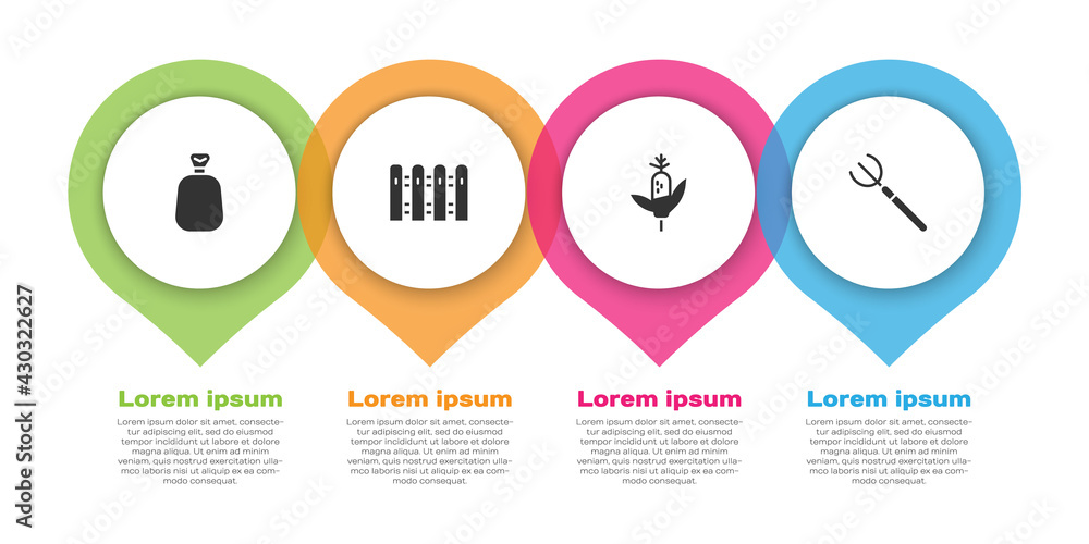 Set Full sack, Garden fence wooden, Corn and pitchfork. Business infographic template. Vector