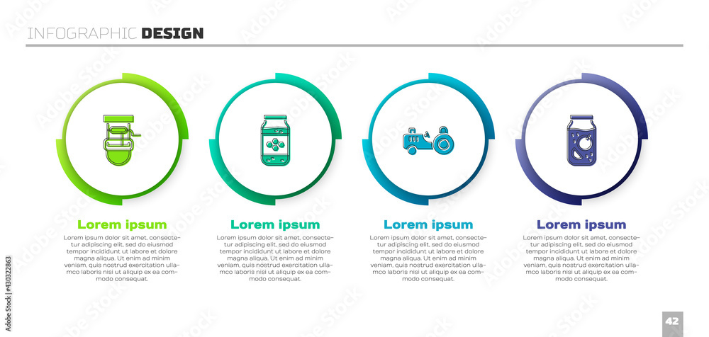 用水桶、蜂蜜罐、拖拉机和果酱罐做好准备。商业信息图模板。矢量