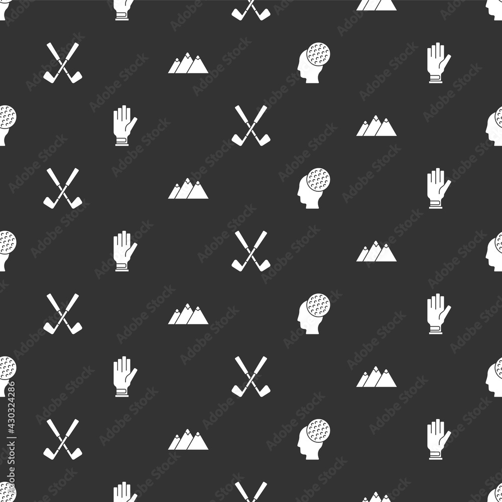 Set Golf ball, glove, Crossed golf club and Mountains on seamless pattern. Vector