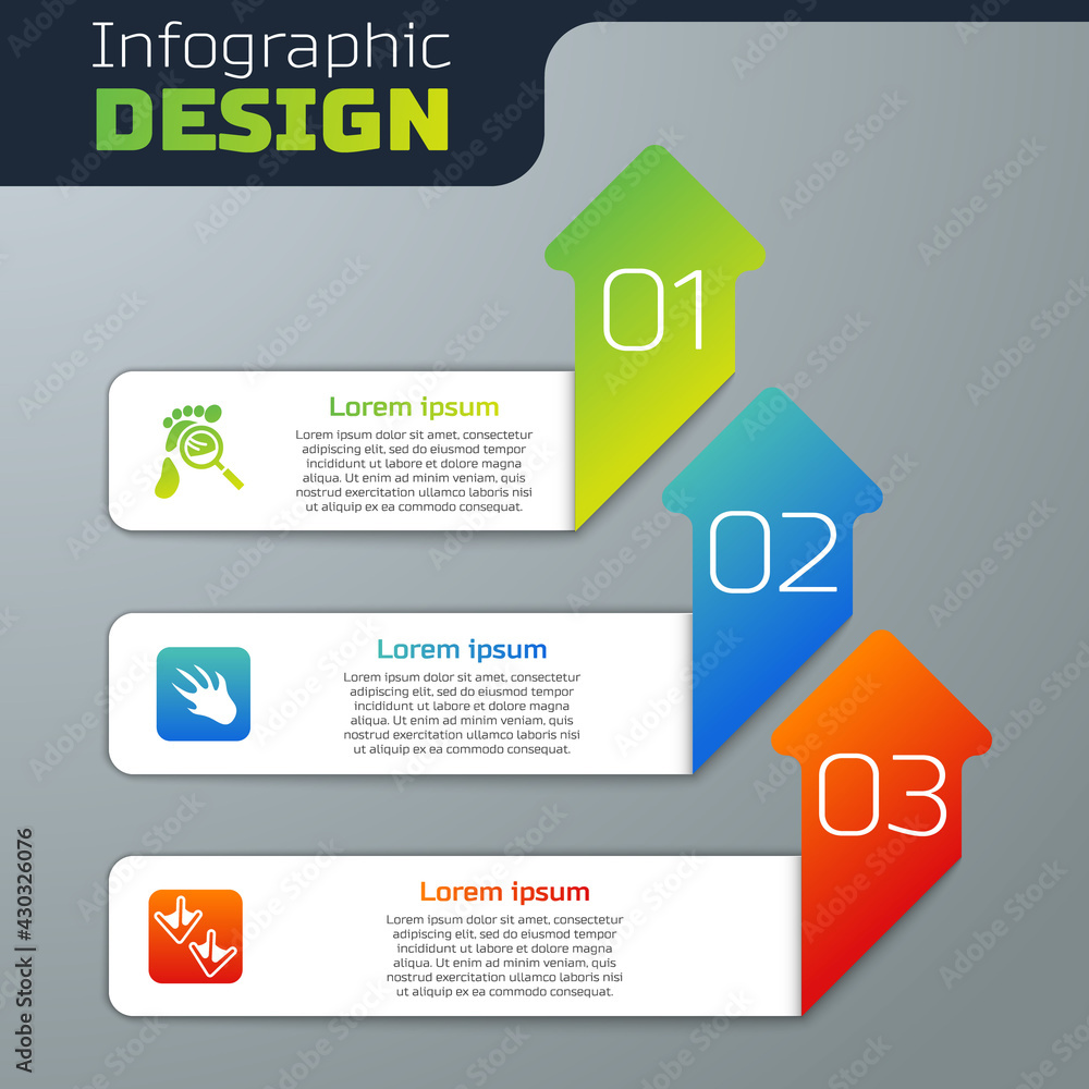 Set Magnifying glass with footsteps, Alligator crocodile footprint and Goose paw. Business infograph