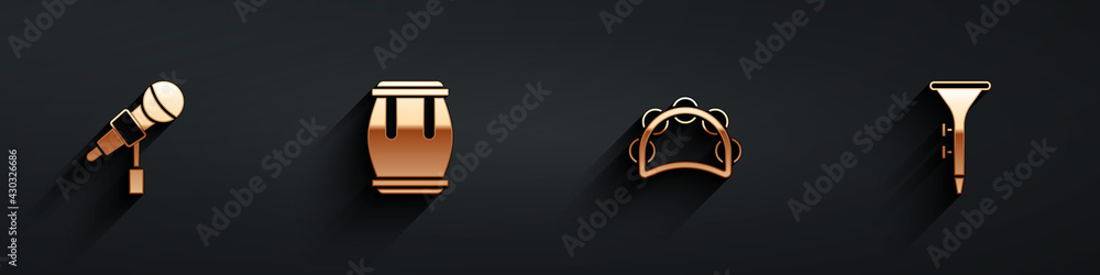 Set Microphone, Drum, Tambourine and and drum sticks icon with long shadow. Vector